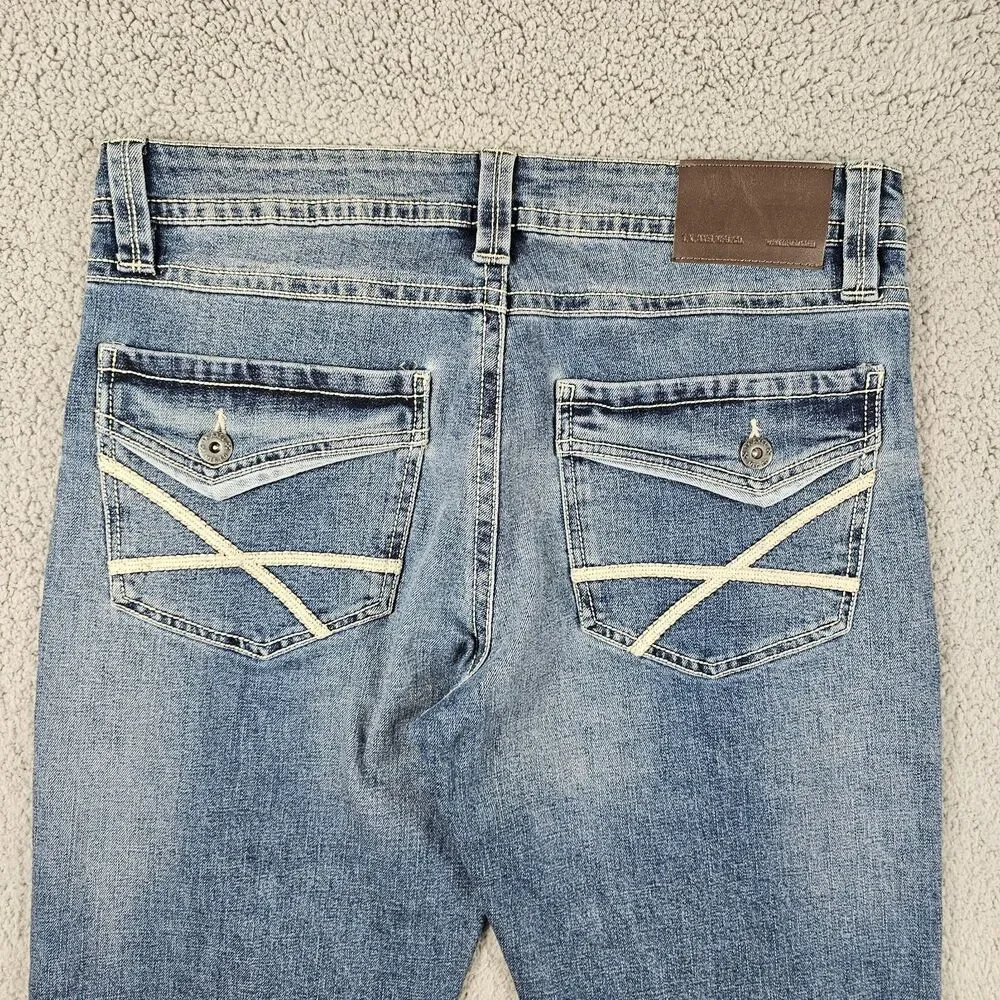 TK Axel Jeans Mens 35x28* Blue Denim Slim Boot Rocker Cowboy Biker Distressed